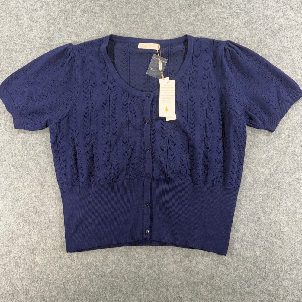 Belle Pogue Womens Navy Blue Pointelle Short Sleeve Button Cardigan Sweater 2XL